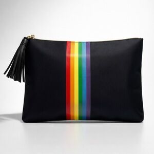 Ahdorned Nylon Cosmetic Bag with Rainbow Stripe, tassel, black, never used